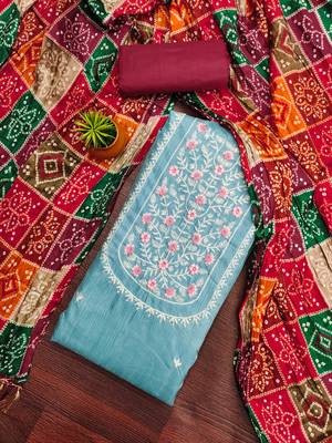 Women's sky blue heavy multi thread embroidery jalpari cotton dress material 1