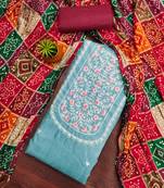 Women's sky blue heavy multi thread embroidery jalpari cotton dress material