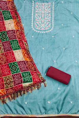 Women's sky blue heavy multi thread embroidery jalpari cotton dress material 2