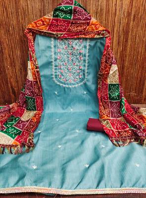 Women's sky blue heavy multi thread embroidery jalpari cotton dress material 3