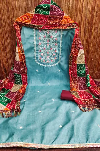 Women's sky blue heavy multi thread embroidery jalpari cotton dress material