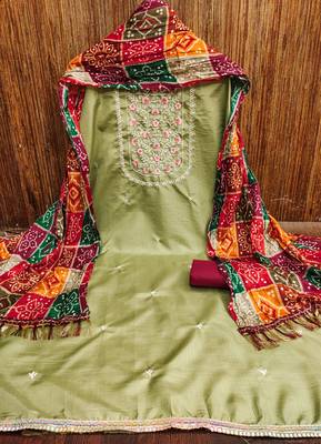Women's sea green heavy multi thread embroidery jalpari cotton dress material 3