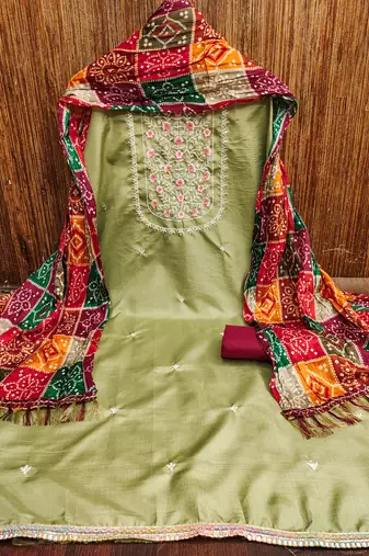 Women's sea green heavy multi thread embroidery jalpari cotton dress material