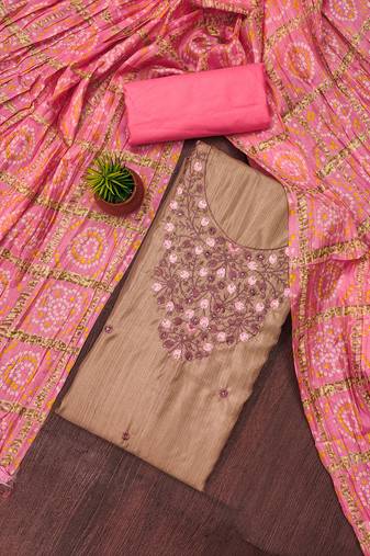 Women's beige unstitched sequence embroidery jalpari cotton dress material 