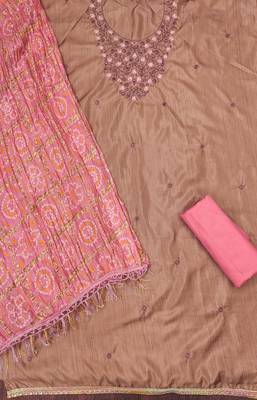 Women's beige sequence embroidery jalpari cotton dress material 2