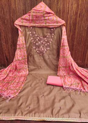 Women's beige sequence embroidery jalpari cotton dress material 3