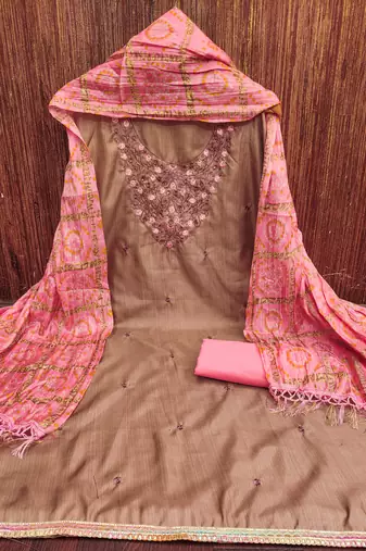 Women's beige sequence embroidery jalpari cotton dress material