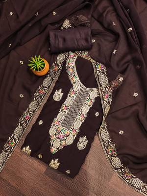Women's brown heavy multi thread zari embroidery georgette dress material 1
