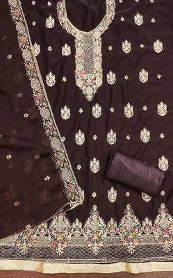 Women's brown heavy multi thread zari embroidery georgette dress material 2