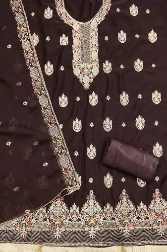 Women's brown heavy multi thread zari embroidery georgette dress material