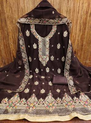 Women's brown heavy multi thread zari embroidery georgette dress material 3
