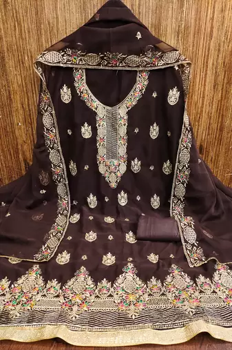 Women's brown heavy multi thread zari embroidery georgette dress material