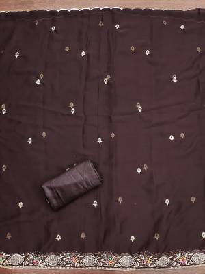 Women's brown heavy multi thread zari embroidery georgette dress material 4