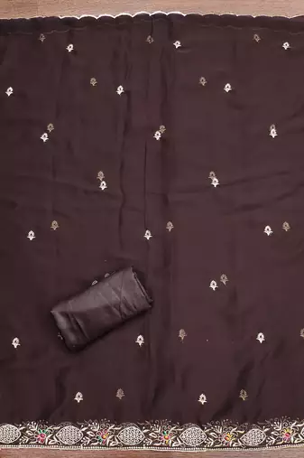 Women's brown heavy multi thread zari embroidery georgette dress material