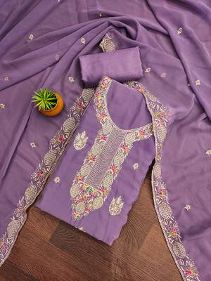 Women's levender heavy multi thread zari embroidery georgette dress material 1