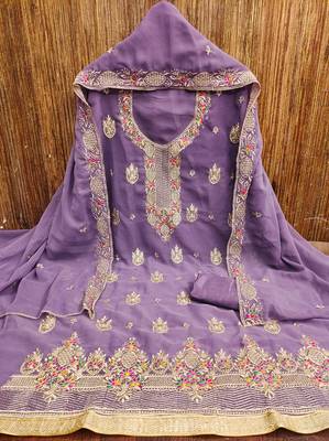 Women's levender heavy multi thread zari embroidery georgette dress material 3