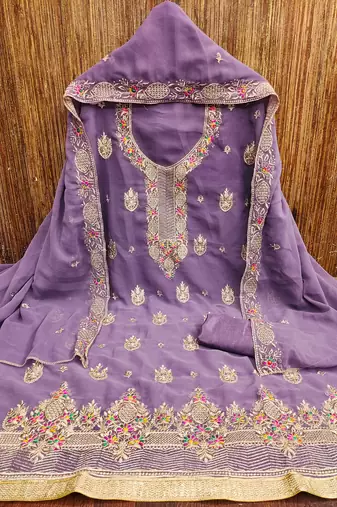 Women's levender heavy multi thread zari embroidery georgette dress material