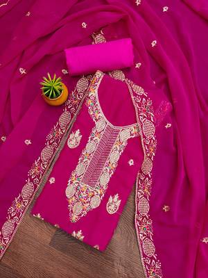 Women's pink heavy multi thread zari embroidery georgette dress material 1