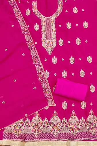 Women's pink heavy multi thread zari embroidery georgette dress material