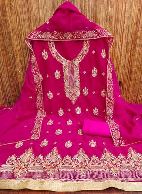 Women's pink heavy multi thread zari embroidery georgette dress material 3