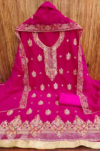 Women's pink heavy multi thread zari embroidery georgette dress material
