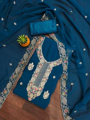 Women's teal blue heavy multi thread zari embroidery georgette dress material 1