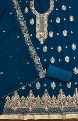 Women's teal blue heavy multi thread zari embroidery georgette dress material 2