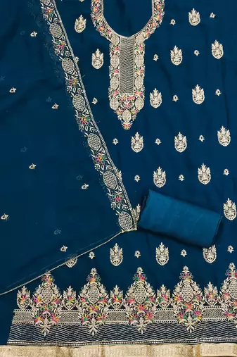 Women's teal blue heavy multi thread zari embroidery georgette dress material