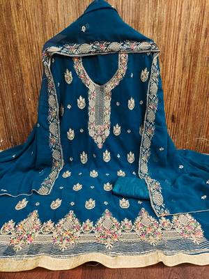 Women's teal blue heavy multi thread zari embroidery georgette dress material 3
