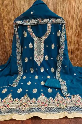 Women's teal blue heavy multi thread zari embroidery georgette dress material