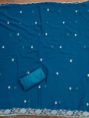 Women's teal blue heavy multi thread zari embroidery georgette dress material 4