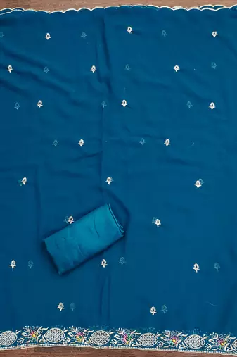 Women's teal blue heavy multi thread zari embroidery georgette dress material