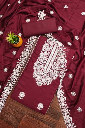 Women's maroon unstitched heavy thread embroidery parampara cotton dress material 