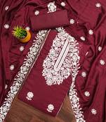 Women's maroon heavy thread embroidery parampara cotton dress material
