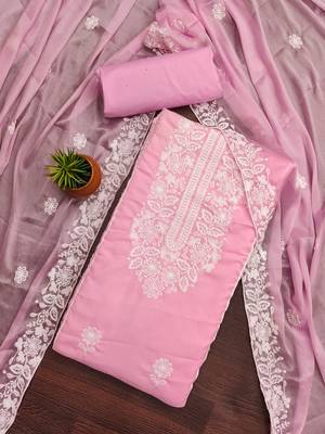 Women's pink heavy thread embroidery parampara cotton dress material 1