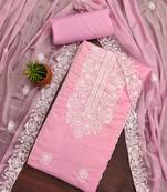 Women's pink unstitched heavy thread embroidery parampara cotton dress material 