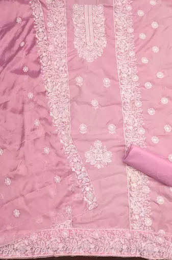 Women's pink heavy thread embroidery parampara cotton dress material