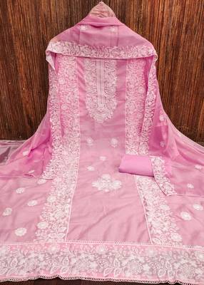 Women's pink heavy thread embroidery parampara cotton dress material 3