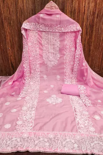 Women's pink heavy thread embroidery parampara cotton dress material