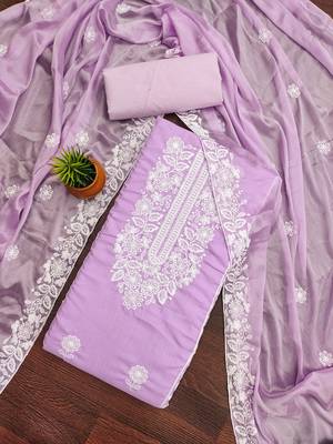 Women's purple heavy thread embroidery parampara cotton dress material 1