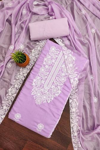 Women's purple unstitched heavy thread embroidery parampara cotton dress material 