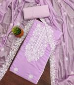 Women's purple unstitched heavy thread embroidery parampara cotton dress material 