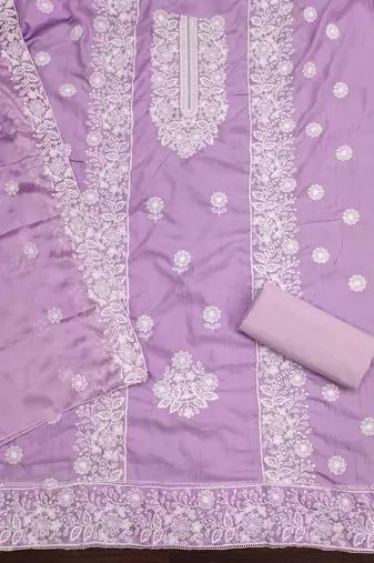 Women's purple heavy thread embroidery parampara cotton dress material