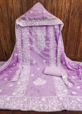 Women's purple heavy thread embroidery parampara cotton dress material 3