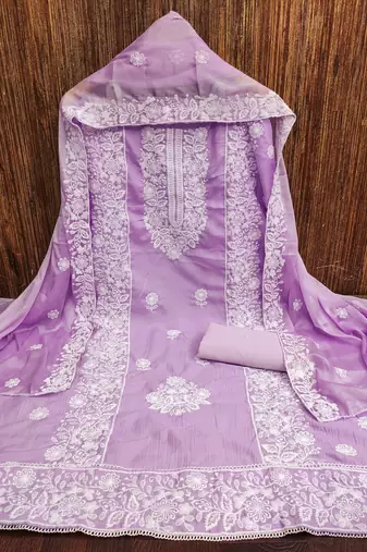 Women's purple heavy thread embroidery parampara cotton dress material