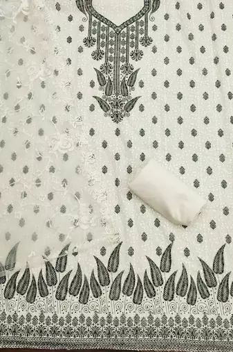 Women's white heavy thread embroidery georgette dress material