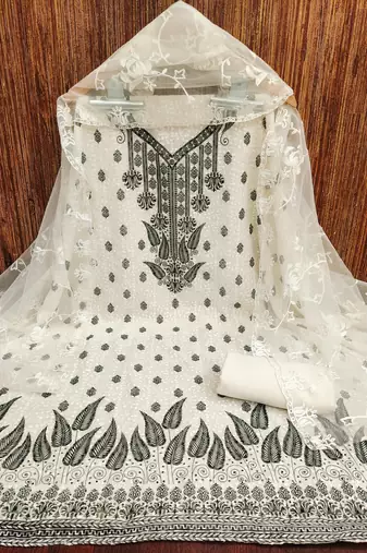 Women's white heavy thread embroidery georgette dress material
