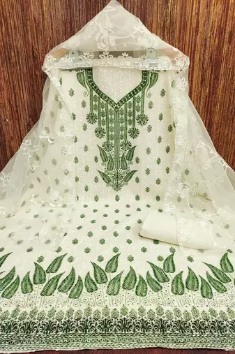 Women's white heavy thread embroidery georgette dress material