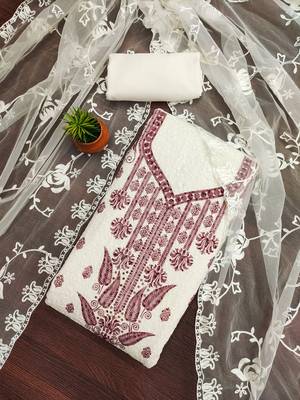 Women's white heavy thread embroidery georgette dress material 1