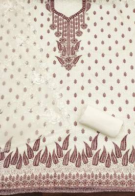 Women's white heavy thread embroidery georgette dress material 2